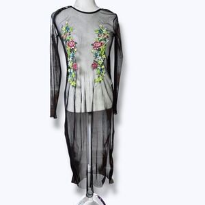 Zara BBWM Sheer Maxi Dress M Black Mesh Embroidered Floral Boho Festival Coverup